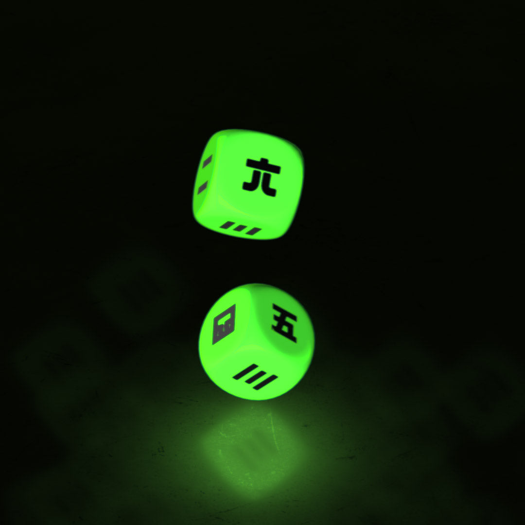 kanji dice 2pk ~ glow in the dark - triple cat deluxe