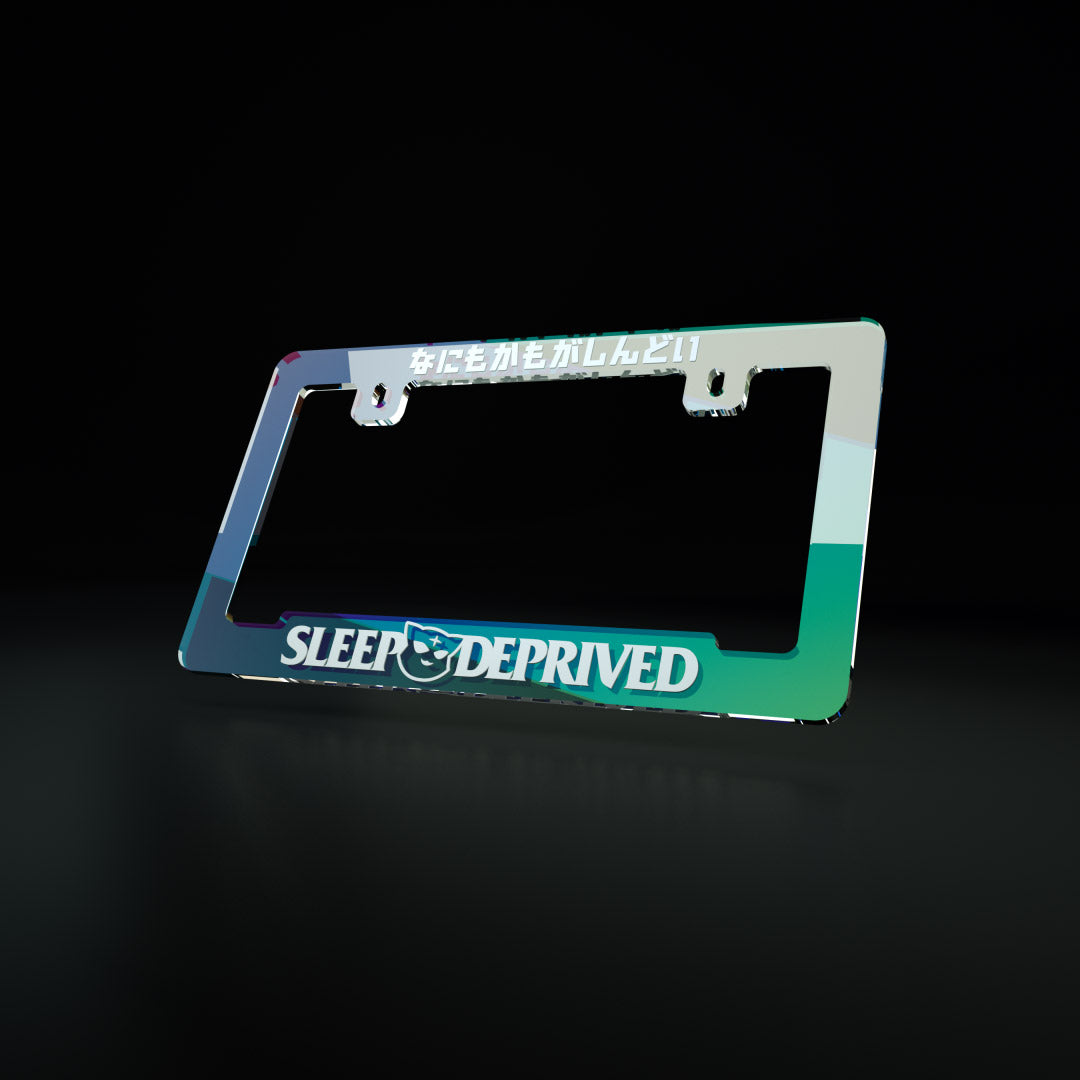 sleep deprived - license plate frame (iridescent/white) - triple cat deluxe