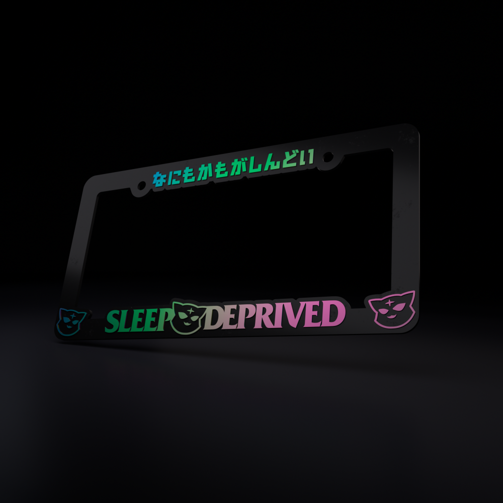 sleep deprived v2.0- license plate frame (black/oil slick